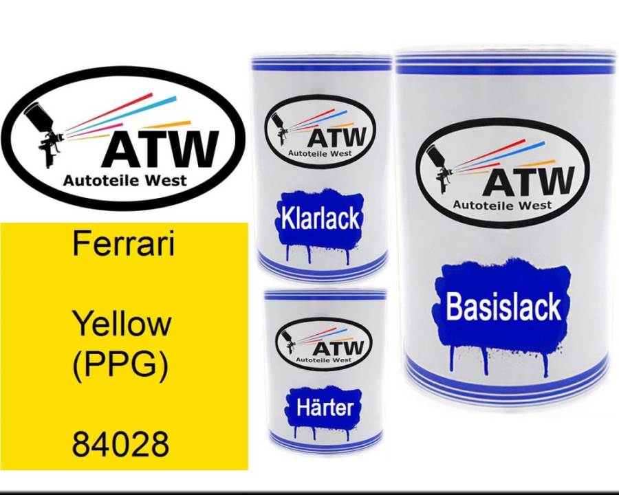 Ferrari, Yellow (PPG), 84028: 500ml Lackdose + 500ml Klarlack + 250ml Härter - Set, von ATW Autoteile West.